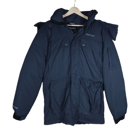 Marmot Mens S Puffer Jacket Black Hooded Winter Ski Outdoor Urban Winter Fashion